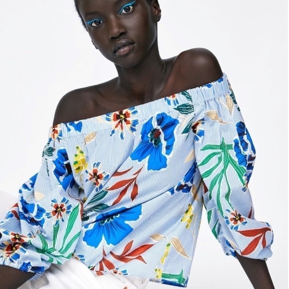 Zara Off Shoulder Tropical Balloon Sleeve Feminine top - Picture 2 of 6